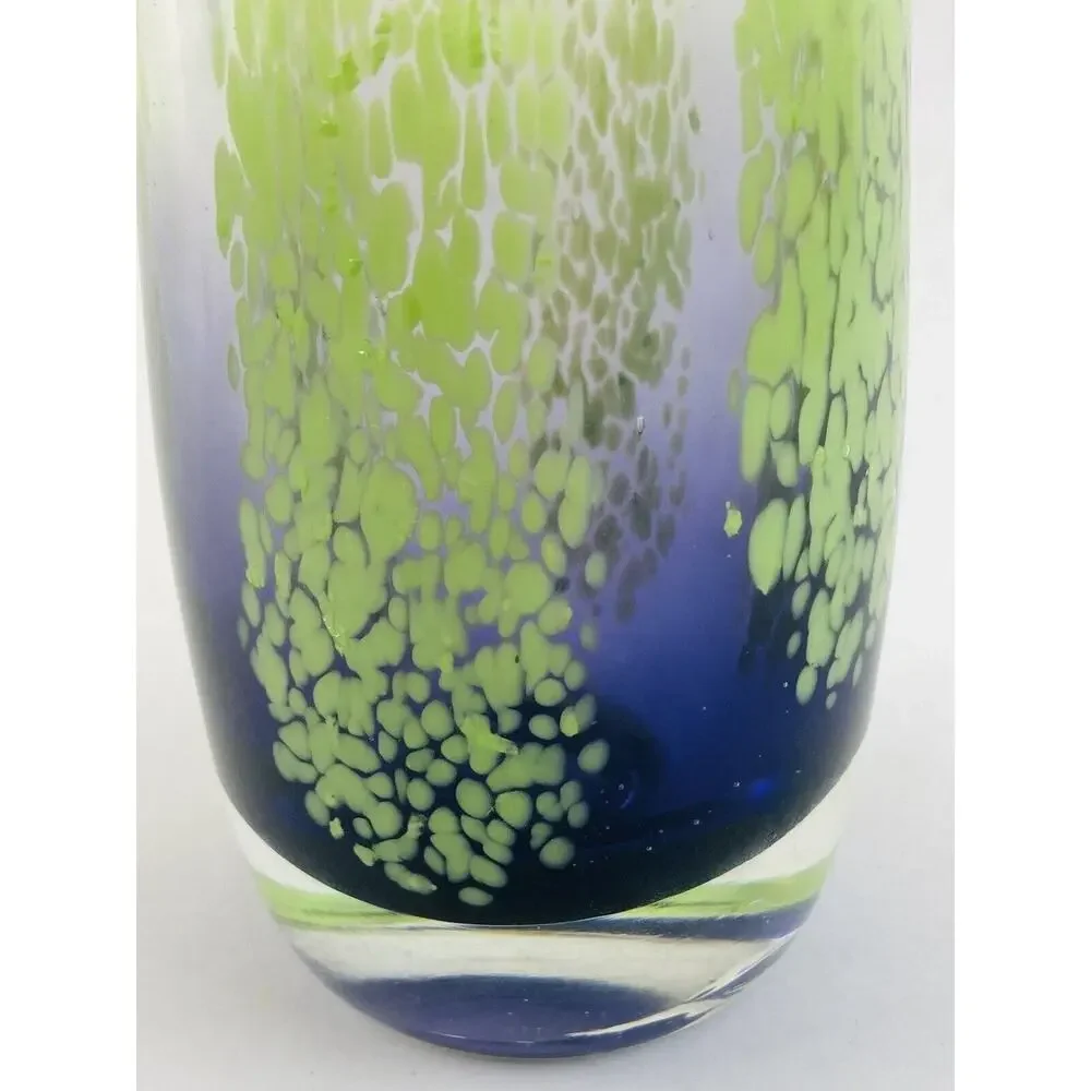 Art Glass Blown Vase 8” Blue Lime Green Splatter Speckle Stripe Wide Mouth Flare